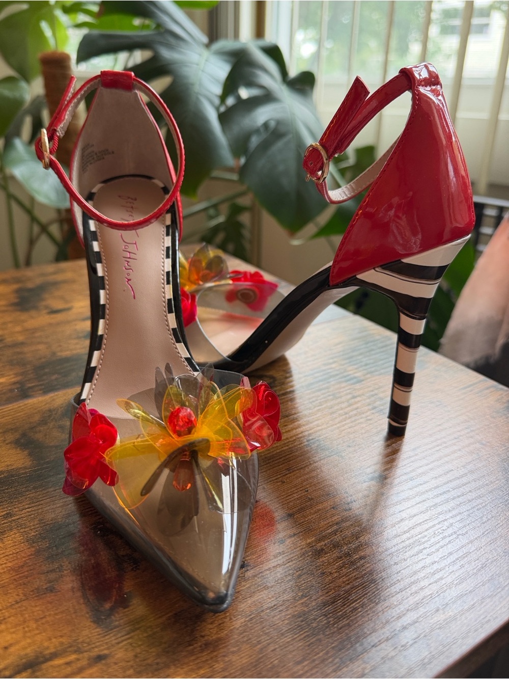 Betsey Johnson Floral Clear Heels Striped Stiletto Ankle Strap Size 8